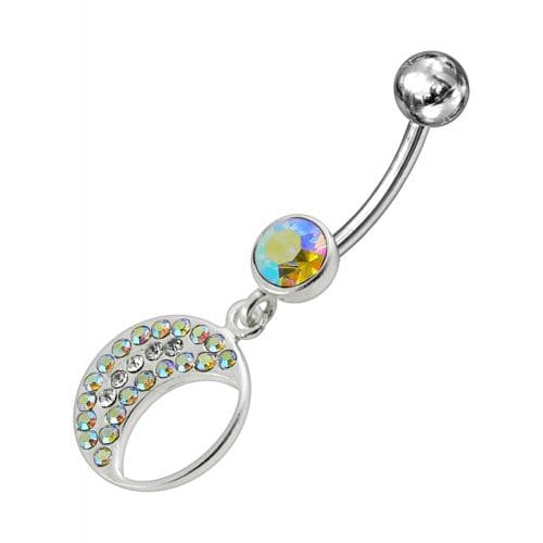 Jeweled Fancy Half MOON Silver Dangling Curved Bar Navel Ring - Monster Piercing