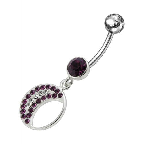 Jeweled Fancy Half MOON Silver Dangling Curved Bar Navel Ring - Monster Piercing