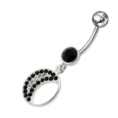 Jeweled Fancy Half MOON Silver Dangling Curved Bar Navel Ring - Monster Piercing