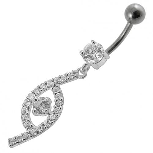 Jeweled Fancy Silver Dangling SS Bar Curved Navel Ring - Monster Piercing