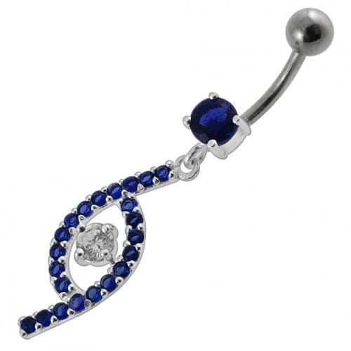 Jeweled Fancy Silver Dangling SS Bar Curved Navel Ring - Monster Piercing