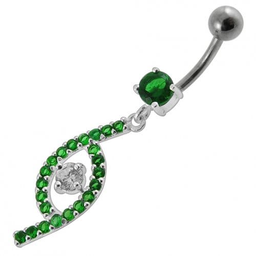 Jeweled Fancy Silver Dangling SS Bar Curved Navel Ring - Monster Piercing