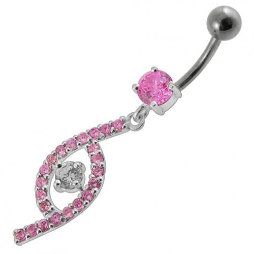 Jeweled Fancy Silver Dangling SS Bar Curved Navel Ring - Monster Piercing