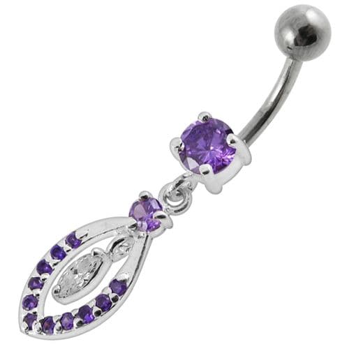 Jeweled Fancy Silver Dangling SS Bar Banana Belly Ring - Monster Piercing