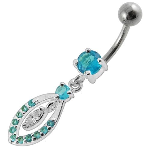 Jeweled Fancy Silver Dangling SS Bar Banana Belly Ring - Monster Piercing