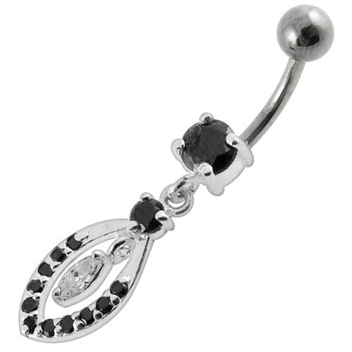 Jeweled Fancy Silver Dangling SS Bar Banana Belly Ring - Monster Piercing