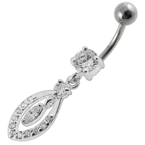 Jeweled Fancy Silver Dangling SS Bar Banana Belly Ring - Monster Piercing