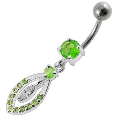 Jeweled Fancy Silver Dangling SS Bar Banana Belly Ring - Monster Piercing