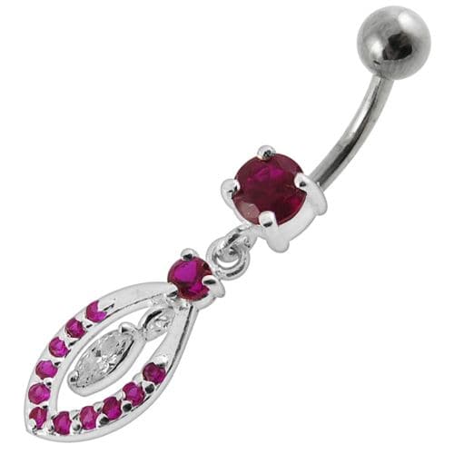 Jeweled Fancy Silver Dangling SS Bar Banana Belly Ring - Monster Piercing