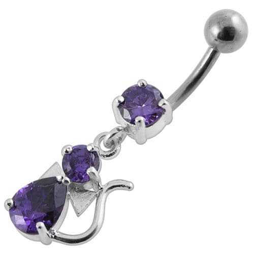 Jeweled Fancy Silver Dangling Banana Bar Belly Ring - Monster Piercing