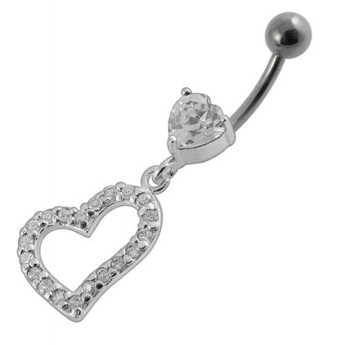 Jeweled Fancy Heart Loop Silver Dangling SS Banana Navel Ring - Monster Piercing