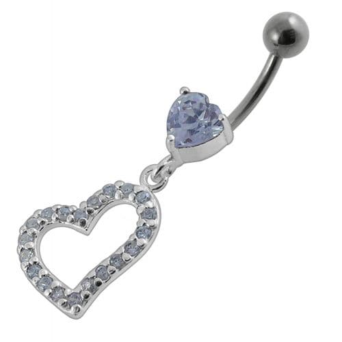 Jeweled Fancy Heart Loop Silver Dangling SS Banana Navel Ring - Monster Piercing