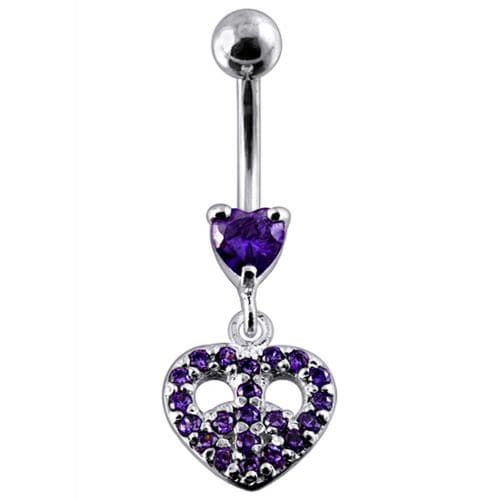 Jeweled Fancy Heart Shape Silver Dangling SS Bar Curved Belly Ring - Monster Piercing