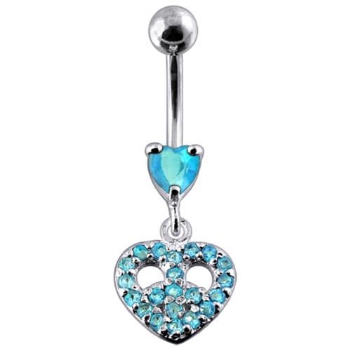 Jeweled Fancy Heart Shape Silver Dangling SS Bar Curved Belly Ring - Monster Piercing