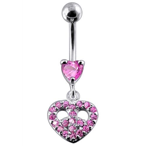 Jeweled Fancy Heart Shape Silver Dangling SS Bar Curved Belly Ring - Monster Piercing