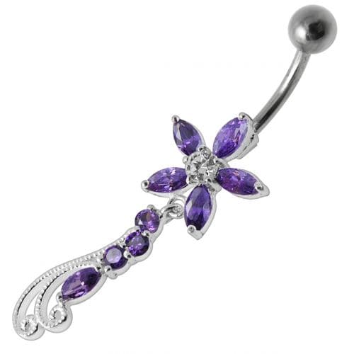 Fancy Multi Stones Jeweled Flower Dangling Navel Ring - Monster Piercing