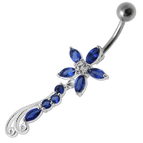 Fancy Multi Stones Jeweled Flower Dangling Navel Ring - Monster Piercing