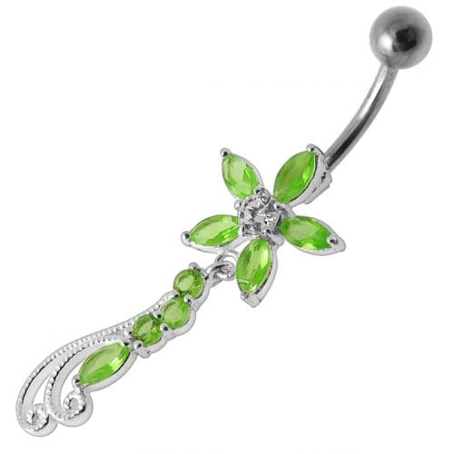 Fancy Multi Stones Jeweled Flower Dangling Navel Ring - Monster Piercing