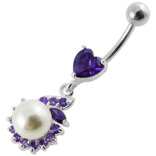 Jeweled Heart Pearl Dangling Navel Ring - Monster Piercing