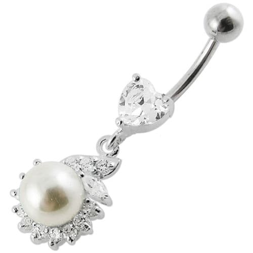 Jeweled Heart Pearl Dangling Navel Ring - Monster Piercing