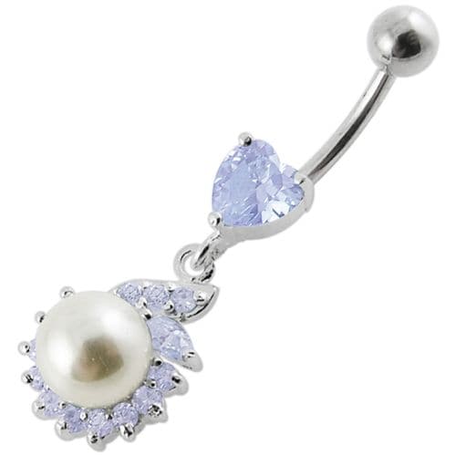 Jeweled Heart Pearl Dangling Navel Ring - Monster Piercing