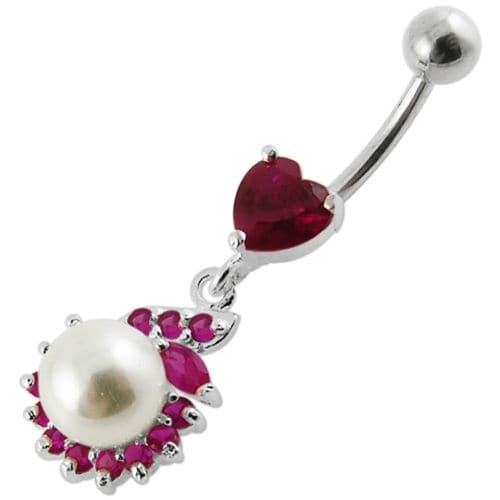 Jeweled Heart Pearl Dangling Navel Ring - Monster Piercing