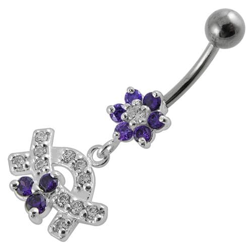 Jeweled Curve With Flower Silver Dangling Banana Bar Navel Belly Ring - Monster Piercing