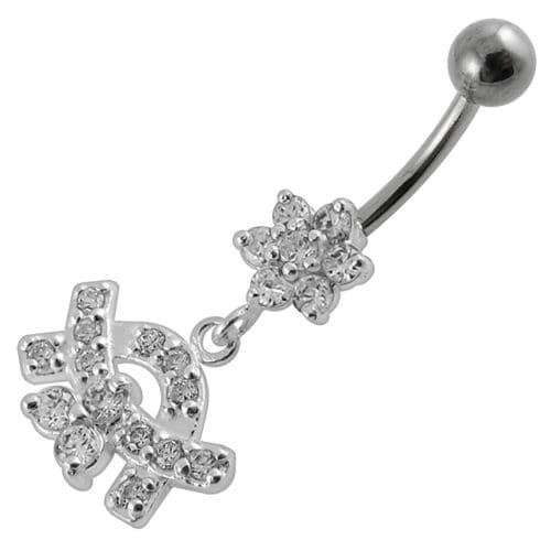 Jeweled Curve With Flower Silver Dangling Banana Bar Navel Belly Ring - Monster Piercing