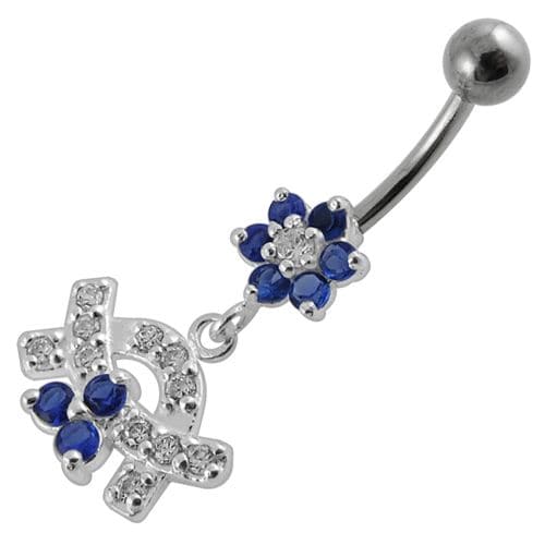 Jeweled Curve With Flower Silver Dangling Banana Bar Navel Belly Ring - Monster Piercing