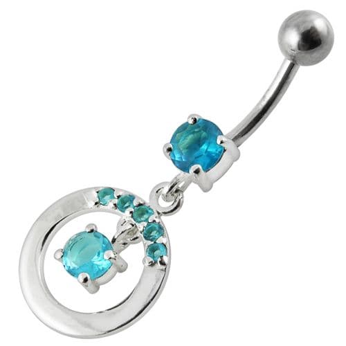 Fancy Jeweled Round With Stone Pendulum Dangling Banana Bar Belly Ring - Monster Piercing