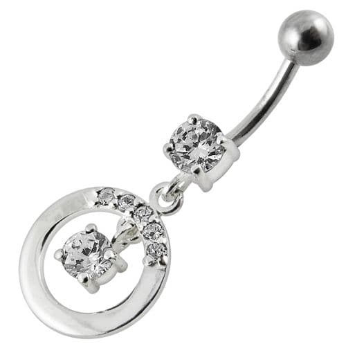 Fancy Jeweled Round With Stone Pendulum Dangling Banana Bar Belly Ring - Monster Piercing