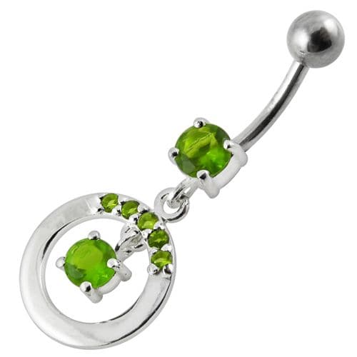 Fancy Jeweled Round With Stone Pendulum Dangling Banana Bar Belly Ring - Monster Piercing