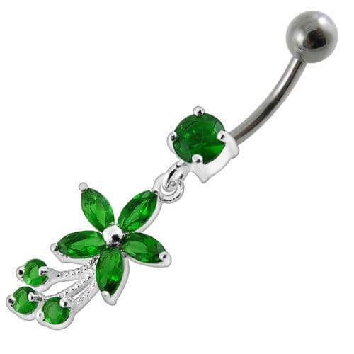 Fancy Flower With Stone Dangling SS Curved Belly Ring - Monster Piercing