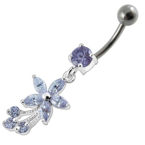 Fancy Flower With Stone Dangling SS Curved Belly Ring - Monster Piercing