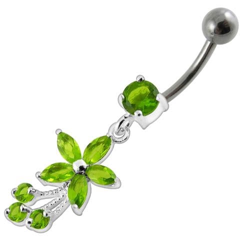 Fancy Flower With Stone Dangling SS Curved Belly Ring - Monster Piercing