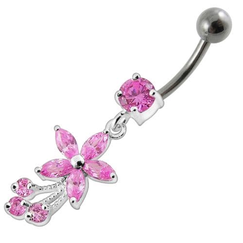 Fancy Flower With Stone Dangling SS Curved Belly Ring - Monster Piercing