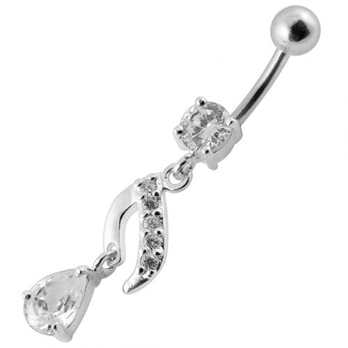 Fancy Jeweled Silver Dangling Curved Belly Ring - Monster Piercing