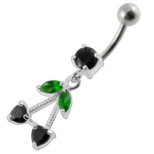 Fancy Jeweled Double Heart Stone Dangling SS Bar Belly Ring Body Jewelry - Monster Piercing