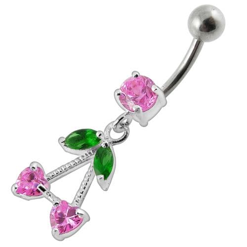 Fancy Jeweled Double Heart Stone Dangling SS Bar Belly Ring Body Jewelry - Monster Piercing