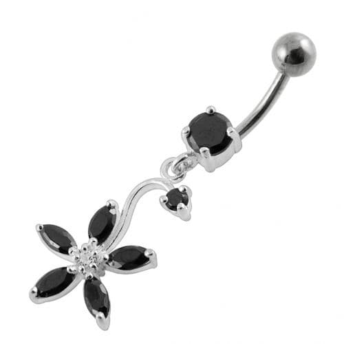 Fancy Multi Stones Flower Dangling Curved Navel Ring - Monster Piercing