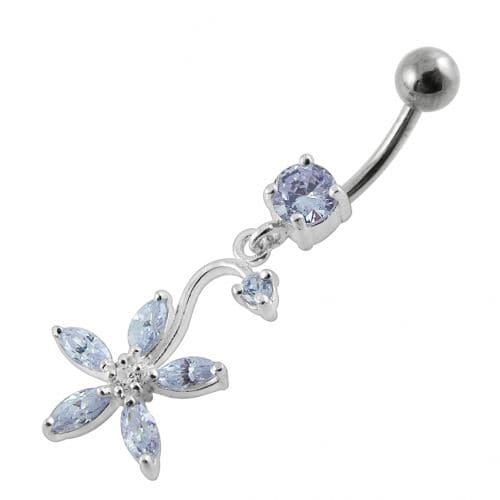 Fancy Multi Stones Flower Dangling Curved Navel Ring - Monster Piercing