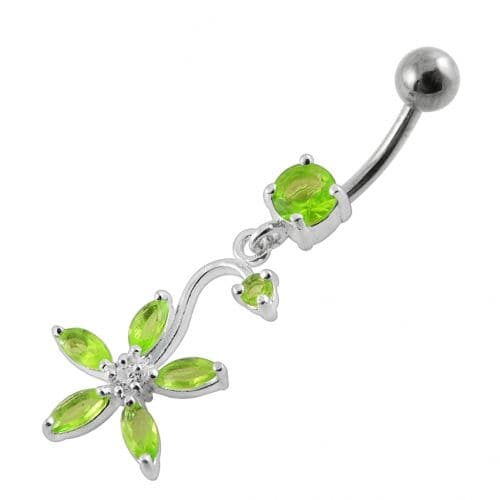 Fancy Multi Stones Flower Dangling Curved Navel Ring - Monster Piercing