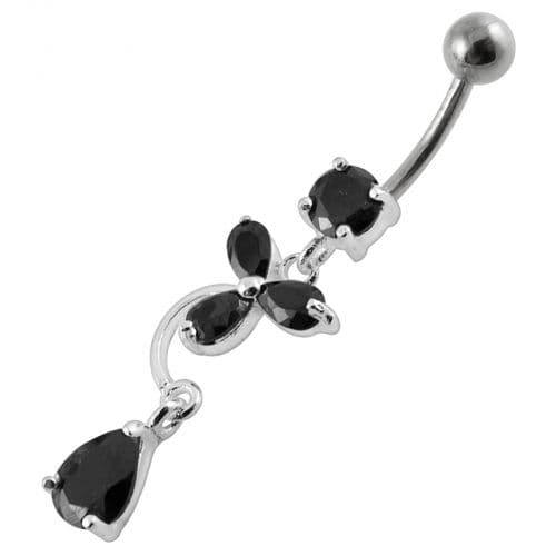 Fancy Flower Jeweled Dangling Banana Bar Belly Ring - Monster Piercing