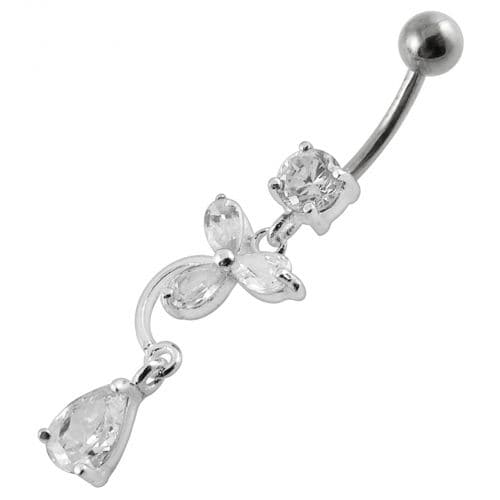 Fancy Flower Jeweled Dangling Banana Bar Belly Ring - Monster Piercing