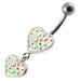 Fancy Double Red Jeweled Heart Dangling SS Bar Navel Ring - Monster Piercing