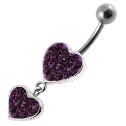 Fancy Double Red Jeweled Heart Dangling SS Bar Navel Ring - Monster Piercing