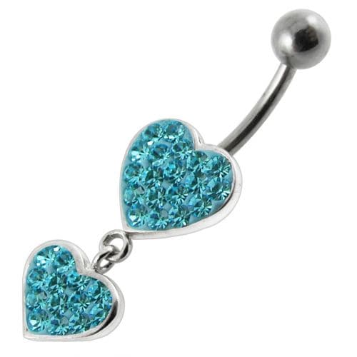 Fancy Double Red Jeweled Heart Dangling SS Bar Navel Ring - Monster Piercing