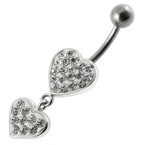 Fancy Double Red Jeweled Heart Dangling SS Bar Navel Ring - Monster Piercing