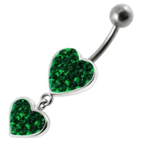 Fancy Double Red Jeweled Heart Dangling SS Bar Navel Ring - Monster Piercing