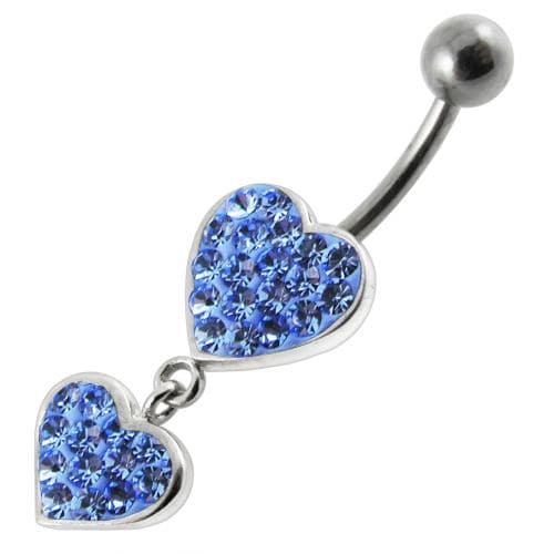 Fancy Double Red Jeweled Heart Dangling SS Bar Navel Ring - Monster Piercing